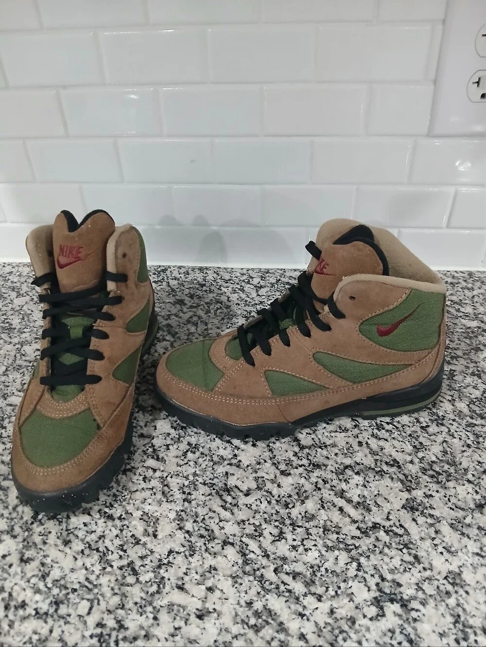 Nike Men’s Brown and Green High-Top Boots with Red Swoosh